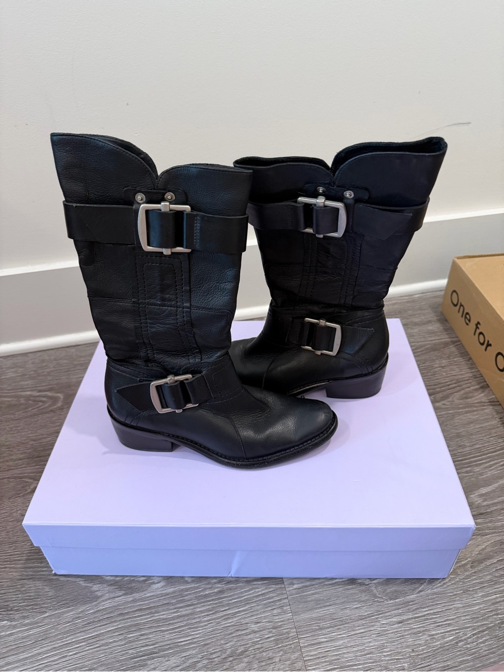 Vera Wang Lavender Label Black Leather Mid-Calf Buckle Boots